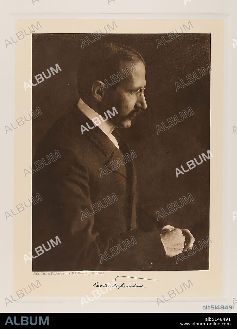 Rudolph Dührkoop, Carlos de Freitas, ship owner from the portfolio Hamburgische Männer und Frauen am Anfang des XX. Century, Staatliche Landesbildstelle Hamburg, collection on the history of photography, paper, heliogravure, picture size: height: 20,60 cm; width: 14,30 cm, signed: recto below the picture: Exposed signature of the sitter, inscribed: recto: engraved on printing plate, below the picture: photograph and photogravure R. Dührkoop, Hamburg, top left above picture 21; top right in the corner noted in lead:58, stamp: recto: handwritten addition: Inv.Nr. and reference to repro, portrait photography, profile (side view), merchant shipping, maritime trade, part of the portfolio Hamburg Men and Women at the Beginning of the XXth Century - Camera Portraits - Photographed, etched in copper and printed by Rudolph Dührkoop Hamburg 1905.