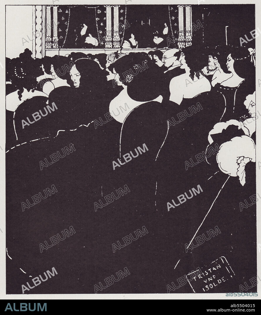 AUBREY BEARDSLEY. The Wagnerites, 1894. An audience, some with elaborate hairstyles, in an opera house. A programme that has fallen to the floor reads 'Tristan und Isolde', an opera by Richard Wagner. 'From The Yellow Book, Vol. III'. Published in "The Best of Beardsley" edited by R. A. Walker, [The Bodley Head, London, 1948].