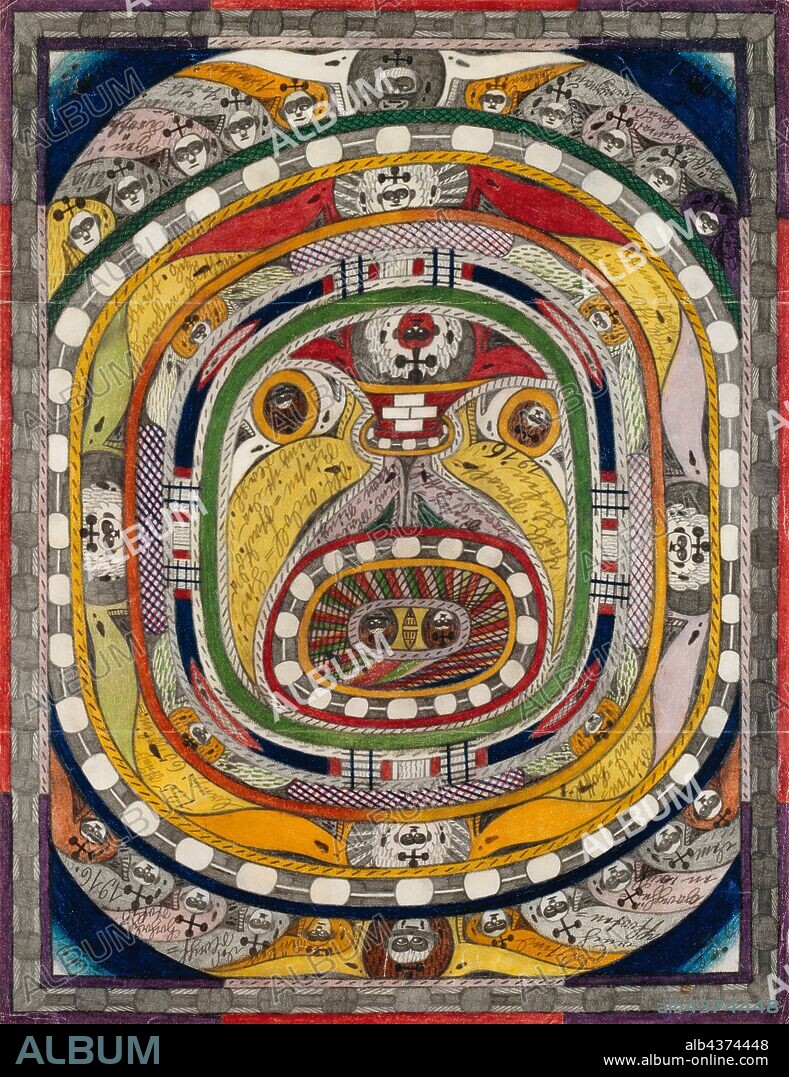 The bowl, January 13, 1916, pencil and crayon, sheet: 64.8 x 49.8 cm, recto [1] Trub: Markt =, Fleken., 1,916., [2] Skt. Adolf = Song:, Giant = City., D'r, ring is the, cup., [3] Giant =, Grand = Hottel., [4] And., Mal =, lerai = ring., [5] Inner cup =, ring, = St., Adolf = [6] Giant =, Grand = Hottel., [7] 135 hrs, long: 65 mins = [8] wide., Getz, ., Coral = glacier., [9] These are, also, Pfooten =, graphii =, en on the [10] back, the cup =, Hochalp =, Stokes., 1,916., [11] Lüderengäßli., Cha {m} ers =, House., Langnau., Brau., [12] Wig =, gen., Kröschen =, Bru {n} en., Trub =, shake., [13] South., [14] North., Verso without text (verso from third hand dat. And inscribed: 13. I. 1916, The Napf (mountain), (see text)), Adolf Wölfli, Bowil/Bern 1864–1930 Bern.