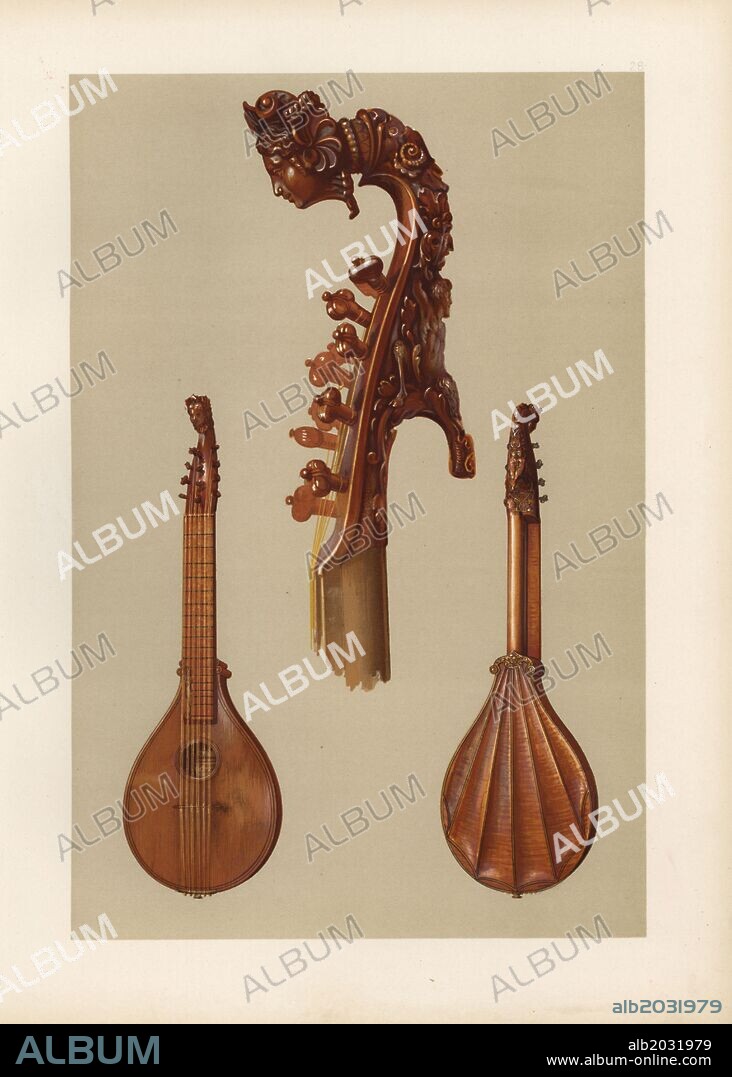 Rare cetera or cither with carved head made by famous violin-maker Antonius Stradivarius in 1700. Chromolithograph from an illustration by William Gibb from A.J. Hipkins' "Musical Instruments, Historic, Rare and Unique," Adam and Charles Black, Edinburgh, 1888. Alfred James Hipkins (1826-1903) was an English musicologist who specialized in the history of the pianoforte and other instruments. William Gibb was a master illustrator and chromolithographer and illustrated "The Royal House of Stuart" (1890), "Naval and Military Trophies" (1896), and others.
