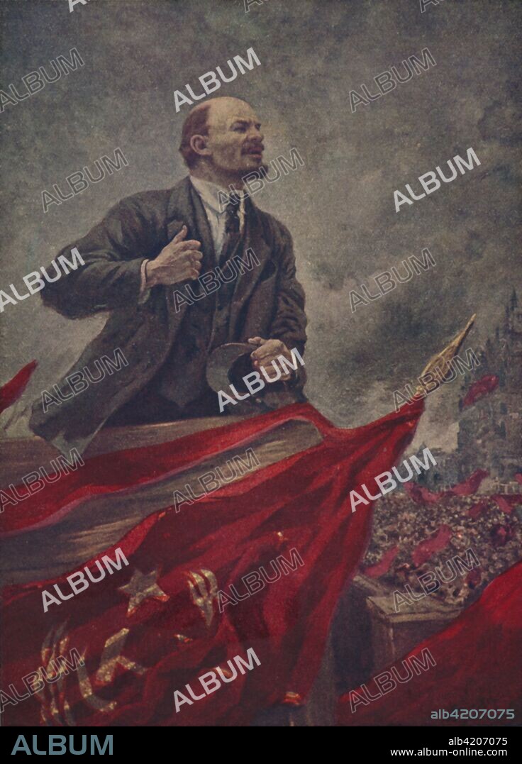 Lenin, (c1930), (1939). Portrait of Russian communist revolutionary Vladimir Ilich Lenin (1870-1924). Lenin was the first Soviet head of state, prime minister of the USSR, and founder of the Bolsheviks. He is depicted here with the red flag and holding a sickle, symbols of communism. From Stalin on Lenin. [Foreign Languages Publishing House, Moscow, 1939].