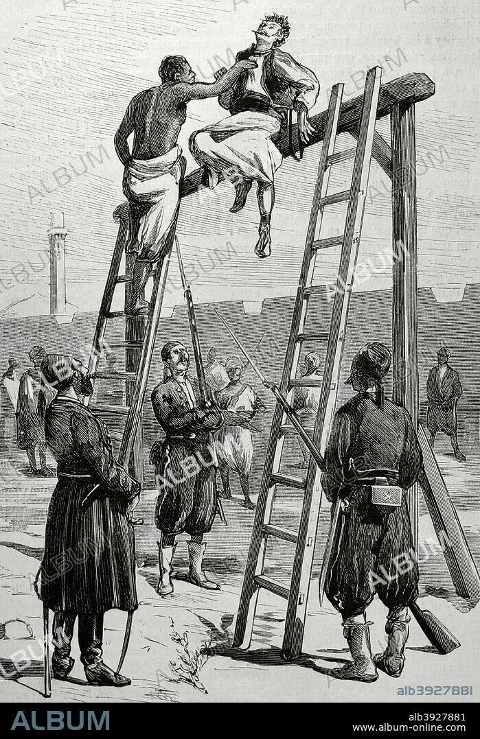 Cuestión de Oriente. Imperio Otomano. Con el debilitamiento del Imperio Turco empiezan los movimientos nacionalistas en la zona de los Balcanes. En Bulgaria se vive el levantamiento de abril de 1876 con una fuerte represión por parte de las autoridades turcas. Ejecución de insurrectos búlgaros en Widdin (actual Bulgaria). Grabado. La Ilustración Española y Americana, 22 de agosto de 1876. Biblioteca Histórico Militar de Barcelona. Cataluña, España.