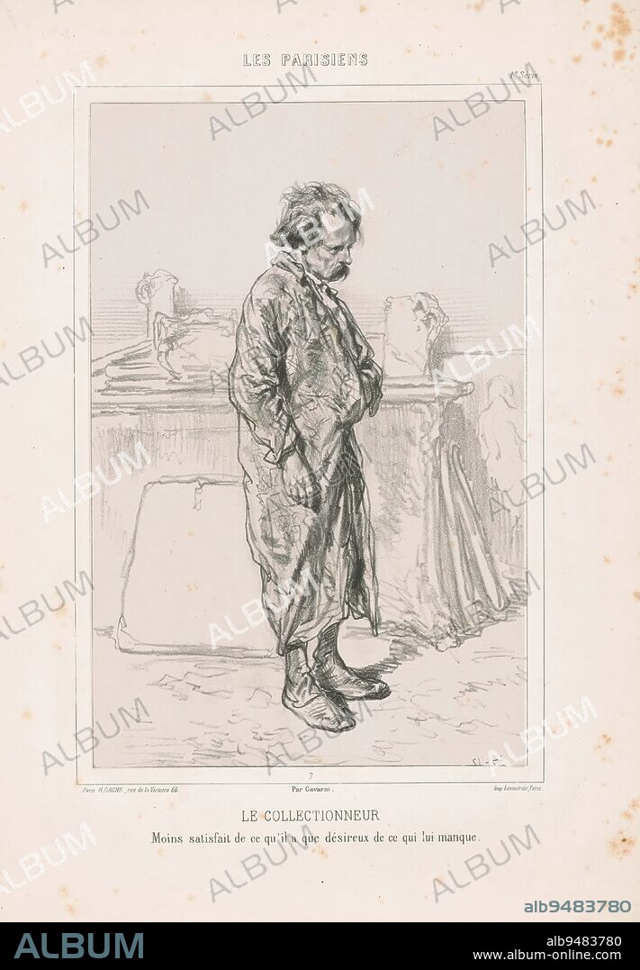 Collector, Le collectionneur (title on object), Parisians (series title), Les Parisiens (series title on object), print maker: Paul Gavarni, (mentioned on object), printer: Joseph Rose Lemercier, publisher: Henry Gache, Paris, 1857, Material, height 445 mm × width 312 mm.