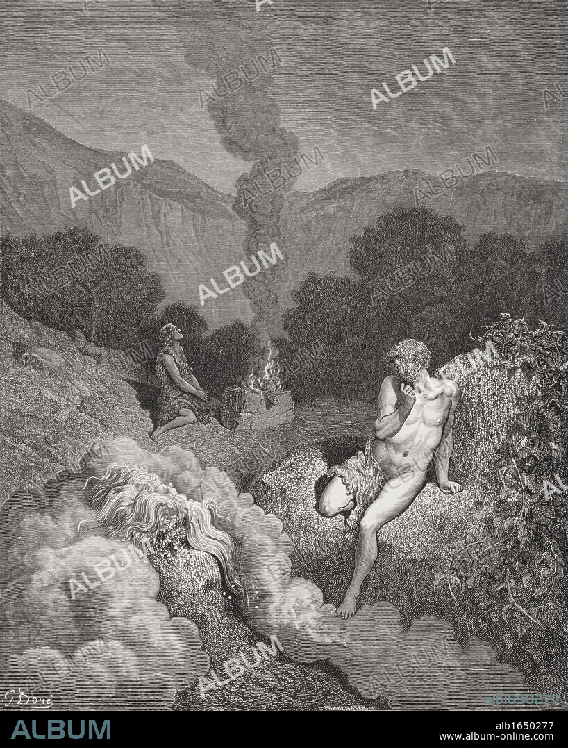 Engraving from The Dore Bible illustrating Genesis iv 3 to 5 Cain and Abel Offering Their Sacrifices by Gustave Dore 1832-1883 French artist and illustrator.