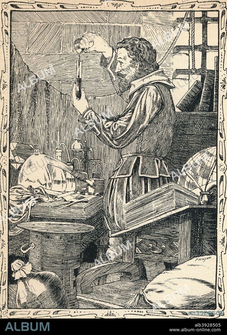 'Guy Fawkes Preparing The Slow Match, 1902. Fawkes (1570-1606) was an English conspirator who attempted to blow up the Houses of Parliament on November 5th 1605 during the State Opening of Parliament by James I. The plot was foiled after a tip-off and Fawkes was arrested by guards after a search of the cellars. Fawkes and the other conspirators were executed for treason in 1606. After a work by Patten Wilson (1869-1934). From A Child's History of England by Charles Dickens [J. M. Dent & Co., New York, 1902].