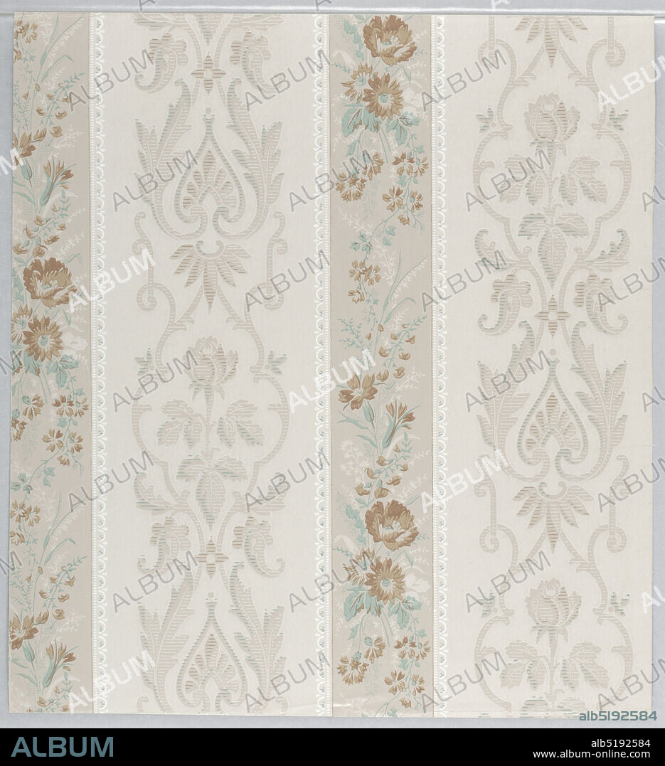 Sidewall, Machine-printed paper, Aesthetic pattern with two alternating columns of motifs; one column a vertically-repeating symmetrical Neo-Renaissance motif with stylized roses, acanthus leaves, honeysuckles, and strapwork; pale salmon on pink-grey ground with hatched shading in green, light red, and pink-grey that gives illusionistic texture of brocade; second column a ribbon-like pattern with motif of naturalistically-depicted red flowers in irregular bunches; green foliage, salmon ground with white lace-like edging., USA, ca. 1880, Wallcoverings, Sidewall.