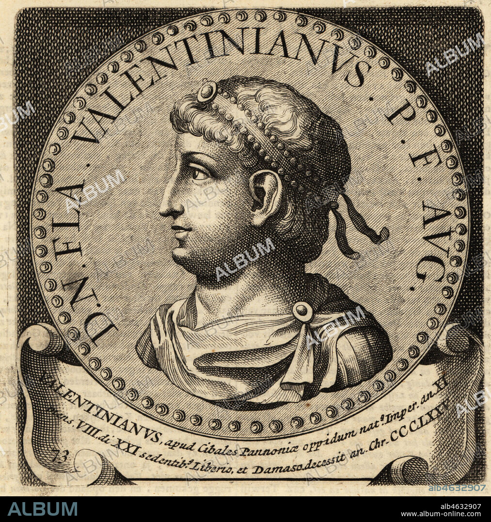 Roman Emperor Valentinian I, 321-375. Flavius Valentinianus Augustus or Valentinian the Great, Byzantine Emperor. Copperplate engraving from Abraham Bogaerts De Roomsche Monarchy, The Roman Monarchy, Francois Salma, Utrecht, 1697.