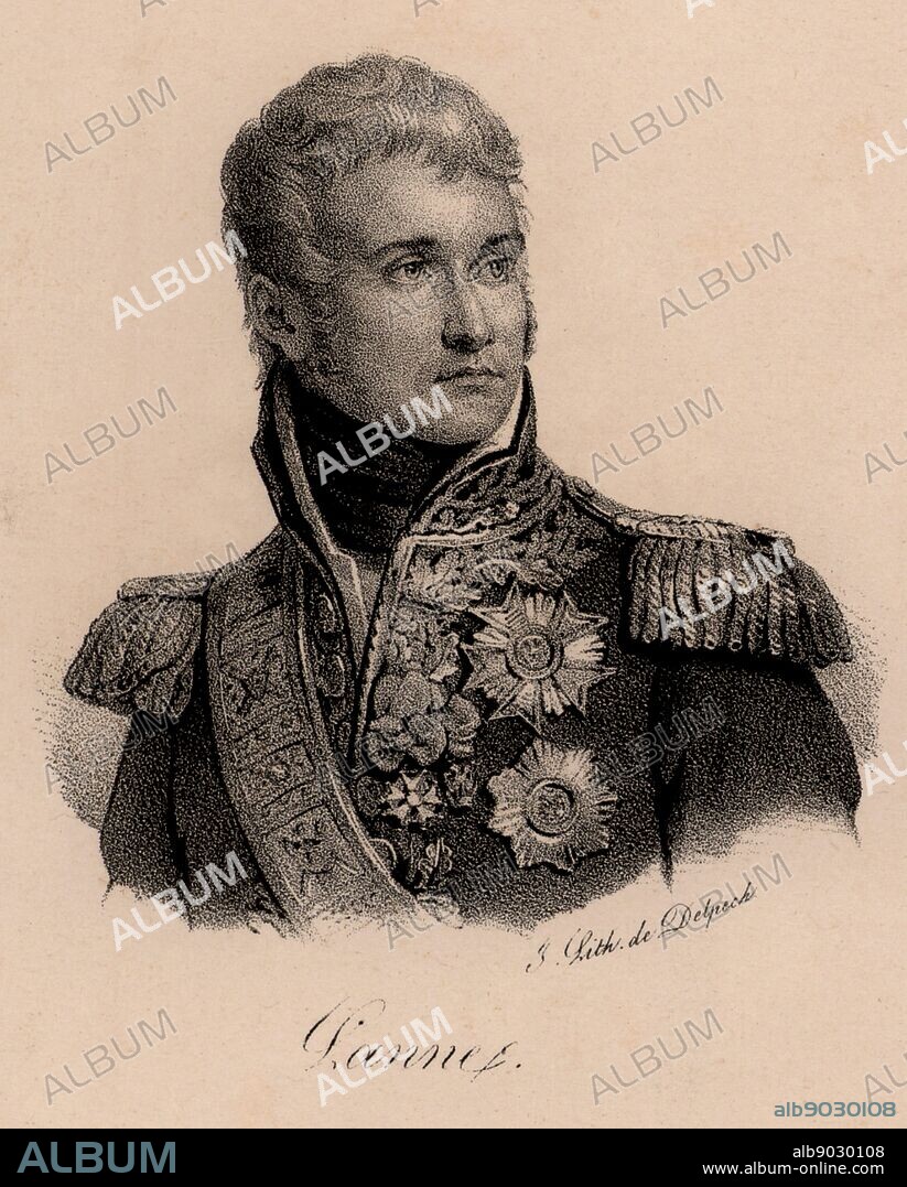 Jean Lannes, Duc de Montebello (1769-1809) one of Napoleon's generals. Won the battle of Montebello (1800). Also fought at Marengo, Austerlitz, Eylau, Friedland, and Saragossa. Mortally wounded at Aspern and Esslung. Napoleonic Wars. Lithograph c1830.