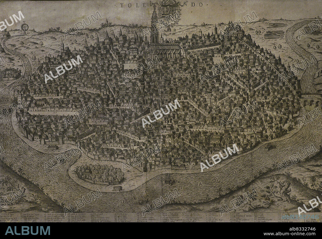 AMBROGIO BRAMBILLA. MILANESE PAINTER. PEDRO DE NOBILIBUS. ENGRAVER. 16TH-CENTURY ARTISTS.. España. Toledo. Vista de la ciudad. 1585. Aguafuerte. Dibujo por Ambrosius Brambilla. Grabado por Pedro de Nobilibus. Museo del Greco. Toledo. Castilla-La Mancha. España.