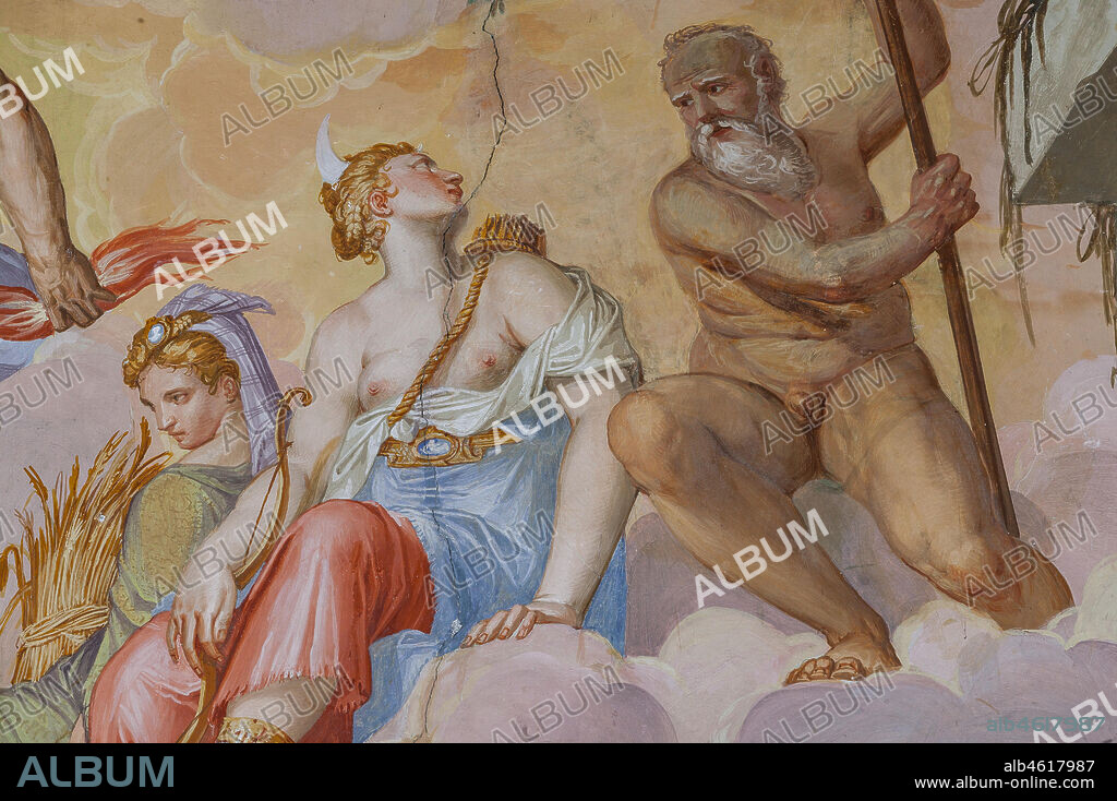 Lonedo di Lugo of Vicenza, Villa Godi Malinverni: the Room of Olympus. Some gods and goddesses are lying on clouds, above architectural ruins. Detail with Ceres (goddess of harvest with a bundle of ears) and Diana (goddess of hunting with the bow). Frescoes by Giovanni Battista Zelotti, ca 1557.