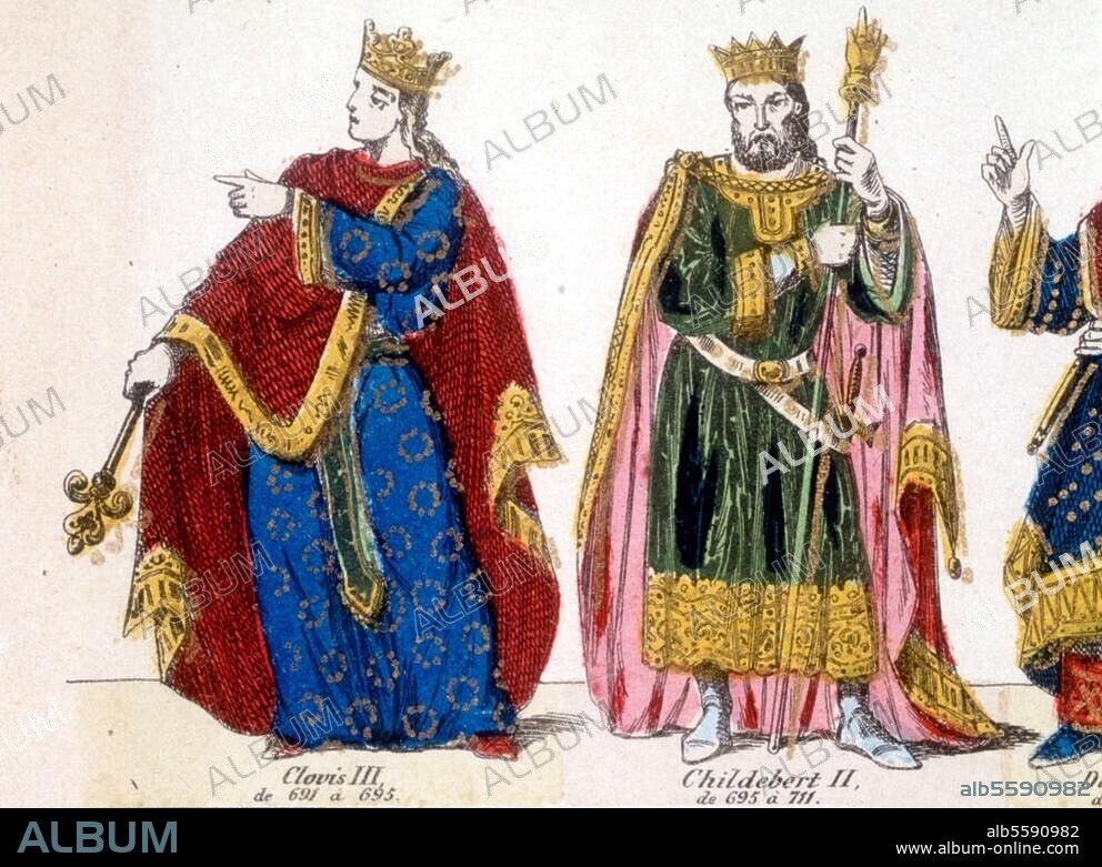 Childebert III., Frankenkönig aus dem Haus der Merowinger; 695-711 König von Neustrien und Burgund; 683-711. "Childebert II. (sic!), de 695 à 711." / "Clovis III., de 691 à 695." (Childebert III. u. Chlodwig III., reg. 691-95). Holzstich, koloriert, um 1850. Bilderbogen (Gangel, Metz), Detail; Privatsammlung Frankreich.