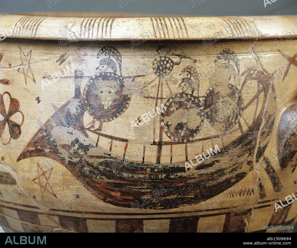 Etruscan civilization, 7th century b.C. Orientalizing pottery. Krater Aristonothos, side depicting a naval battle. From Cerveteri (Rome province, Italy). Detail.