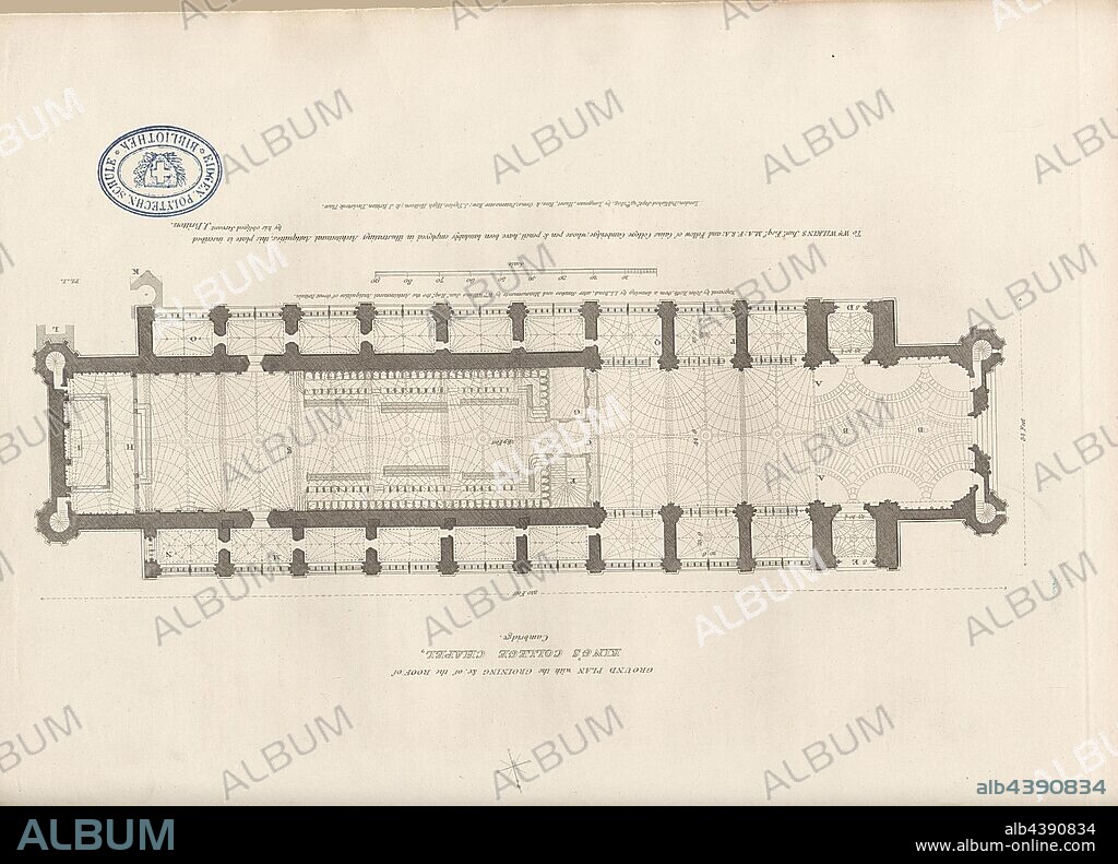 Ground Plan with the Groining et c. of the Roof of King's College Chapel, Cambridge, Plan of Kings' College Chapel in Cambridge, signed: Engraved by John, Roffe, from a drawing by I.L. Bond, after Sketches and Measurements by W. Wilkins, Fig. 11, Pl. I, after p. 6, Wilkins, Wm. (Sketch); Bond, John Linnell (Drawing); Roffe, John (Engraving), 1805, John Britton: The architectural antiquities of Great Britain: represented and illustrated in a series of views, elevations, plans, sections and details of various ancient English edifices: with historical and descriptive accounts of each. Bd. 1. London: J. Taylor, 1807-1826.