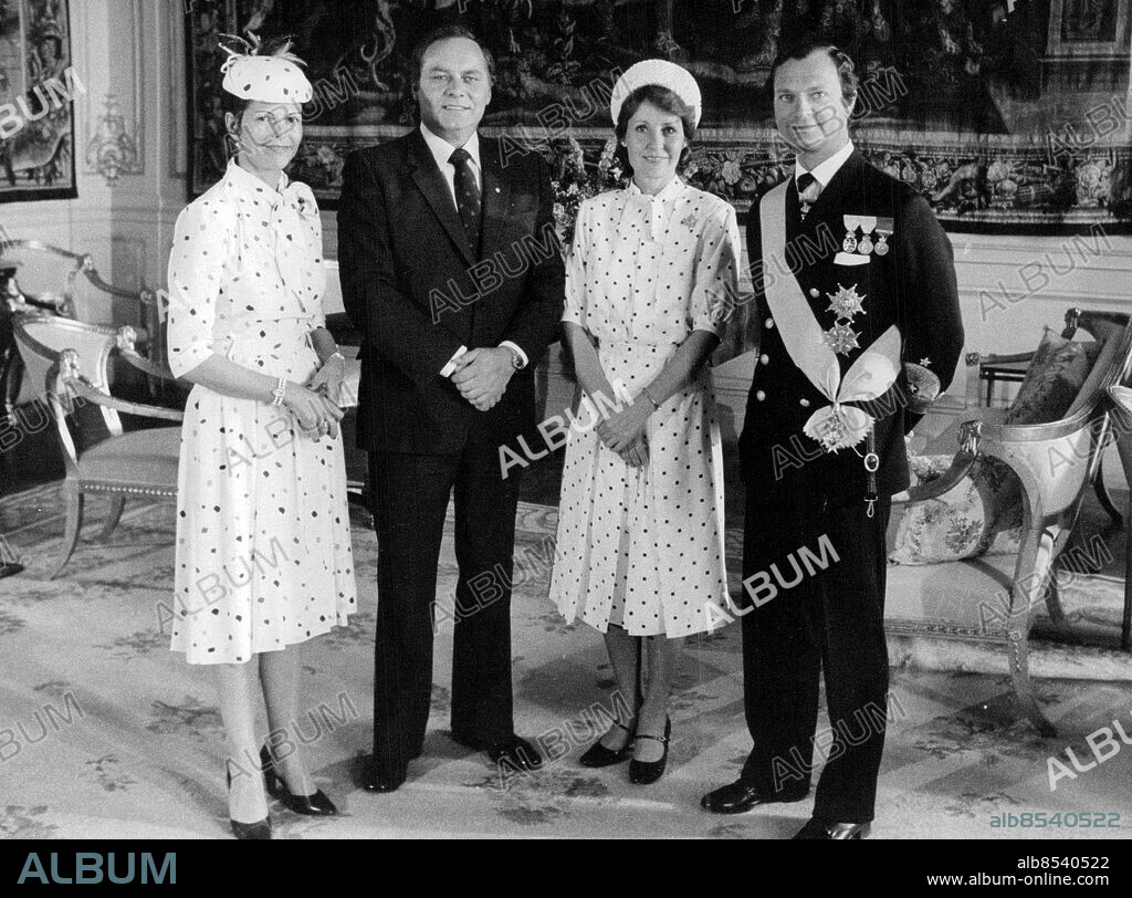 Stockholm 1981-05-18. Drottning Silvia, Kanadas generalguvernör Edward Schreyer, Lily Schreyer och kung Carl XVI Gustaf på Stockholms slott vid generalguvernörens statsbesök. Foto: Leif R Jansson / Svenskt Pressfoto / TT / kod 20360.