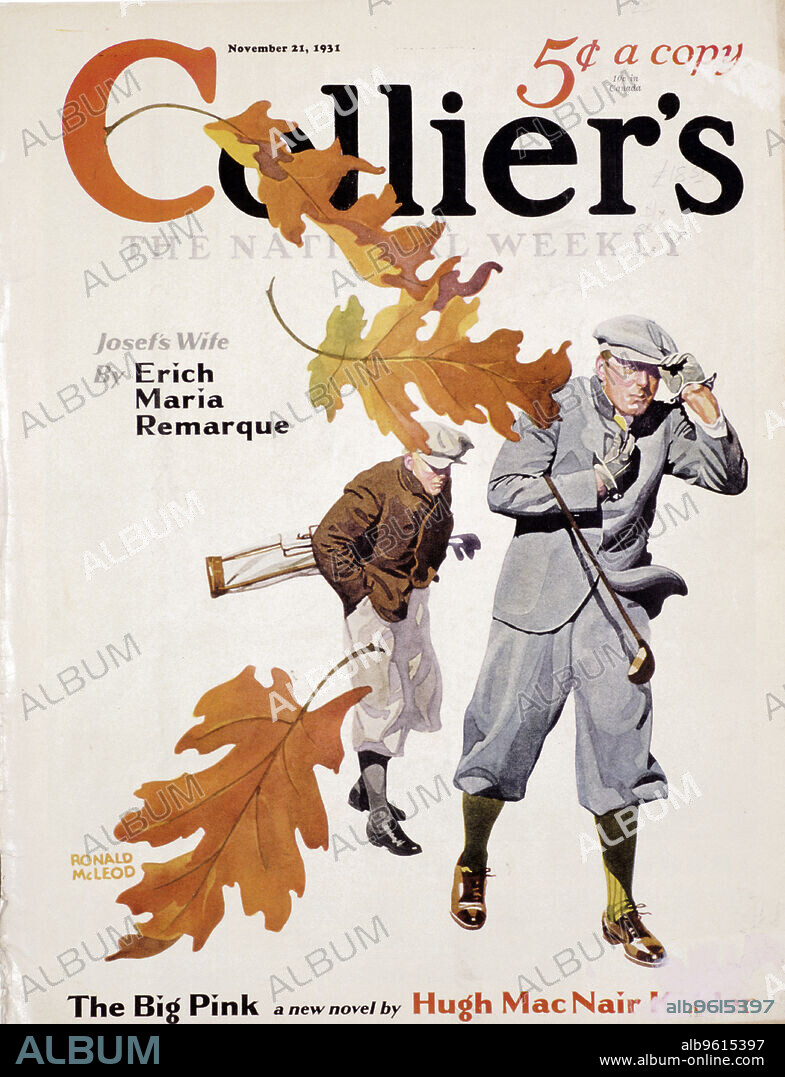 RONALD MCLEOD. Cover of Collier's magazine, November 1931. Illustration showing a golfer, followed by his caddy, walking along hunched against the wind of an autumn day.