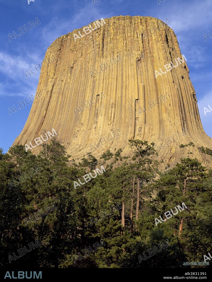 Devil's Tower is an igneous intrusion of volcanic rock, or monolith, rising 1267 feet (386 meters) above the Belle Fourche River. It is near Sundance in eastern Wyoming. The tower was featured in the 1977 movie 'Close Encounters of the Third Kind.' Devil's Tower was America's first National Monument, designated by President Theodore Roosevelt in 1906.