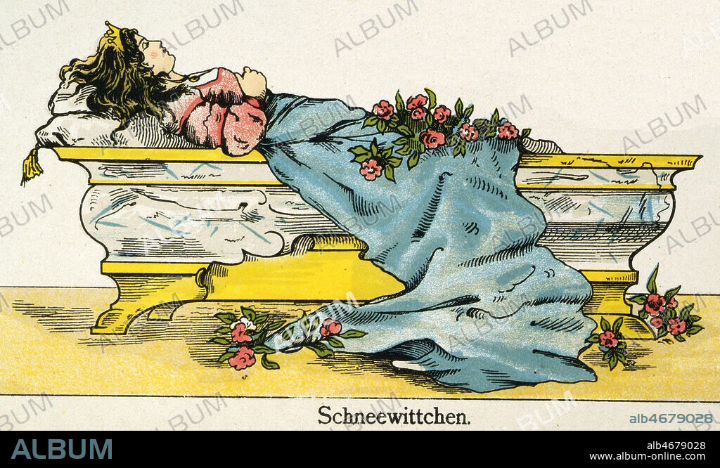 Blanche Neige endormie sur son cercueil de verre. Imagerie populaire vers 1880. Credit: Collection KHARBINE-TAPABOR.