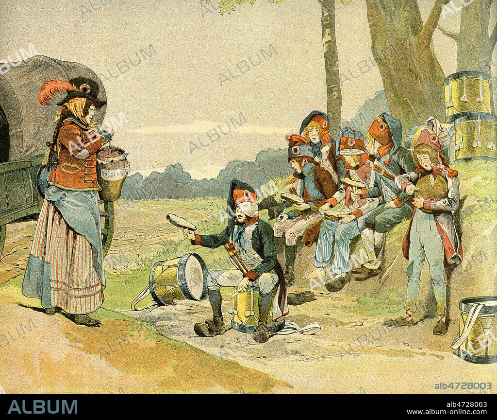 Cantiniere s'occupant du repas de jeunes tambours de l'armee de BONAPARTE (1769-1821) vers 1796. Illustration de 1898 par JOB (1858-1931) pour La Cantiniere (France son histoire) de Georges MONTORGUEIL (1857-1933). Credit : Coll. Jonas/KHARBINE-TAPABOR.