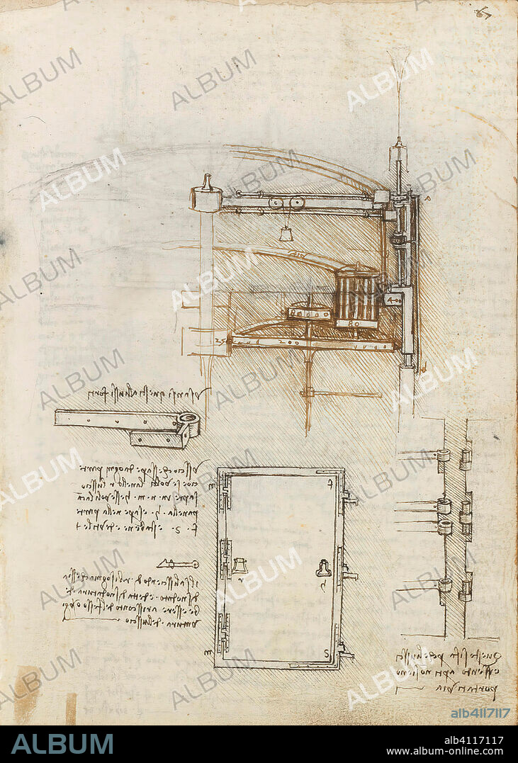 LEONARDO DA VINCI. Folio f 67r. Codex Madrid I (Ms. 8937) "Treaty of statics and mechanics", 192 folios with 384 pages. Internal format: 215 x 145 mm. APPLIED MECHANICS (COMPONENTS). APPLIED MECHANICS (MACHINES AND WITS).