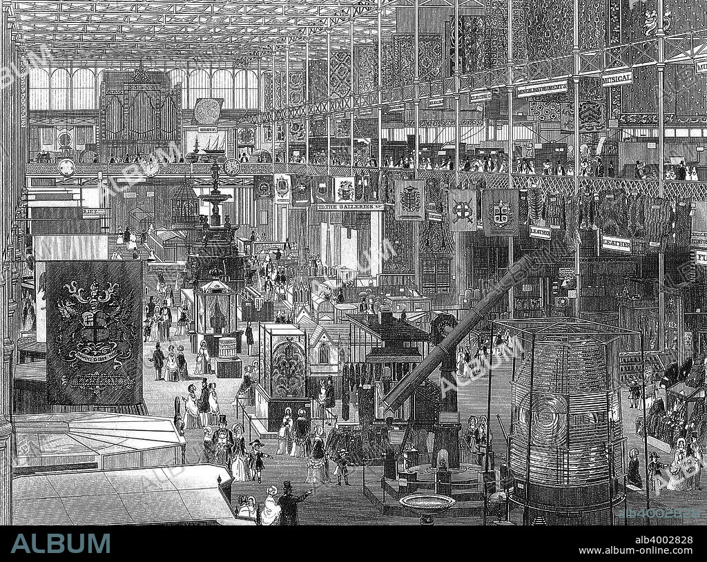 Great Exhibition in the Crystal Palace, Hyde Park, London, 1851. An interior view of the main avenue looking eastwards. Conceived by Prince Albert, the Great Exhibition was intended to showcase the 'Works of the Industry of all Nations'. It was housed in the purpose-built Crystal Palace, the first large-scale prefabricated ferrovitreous (iron and glass) structure, designed by the gardener and architect Joseph Paxton. The prefabricated design made the construction, and later dismantling of the building, easier and quicker. The iron framework of the building is clearly visible in this illustration.