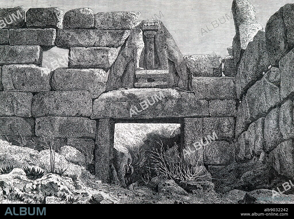 Engraving depicting Heinrich Schliemann's excavations at Mycenae inside the Treasury of Atreus. Heinrich Schliemann (1822-1890) a German businessman and a pioneer in the field of archaeology. Dated 19th Century.