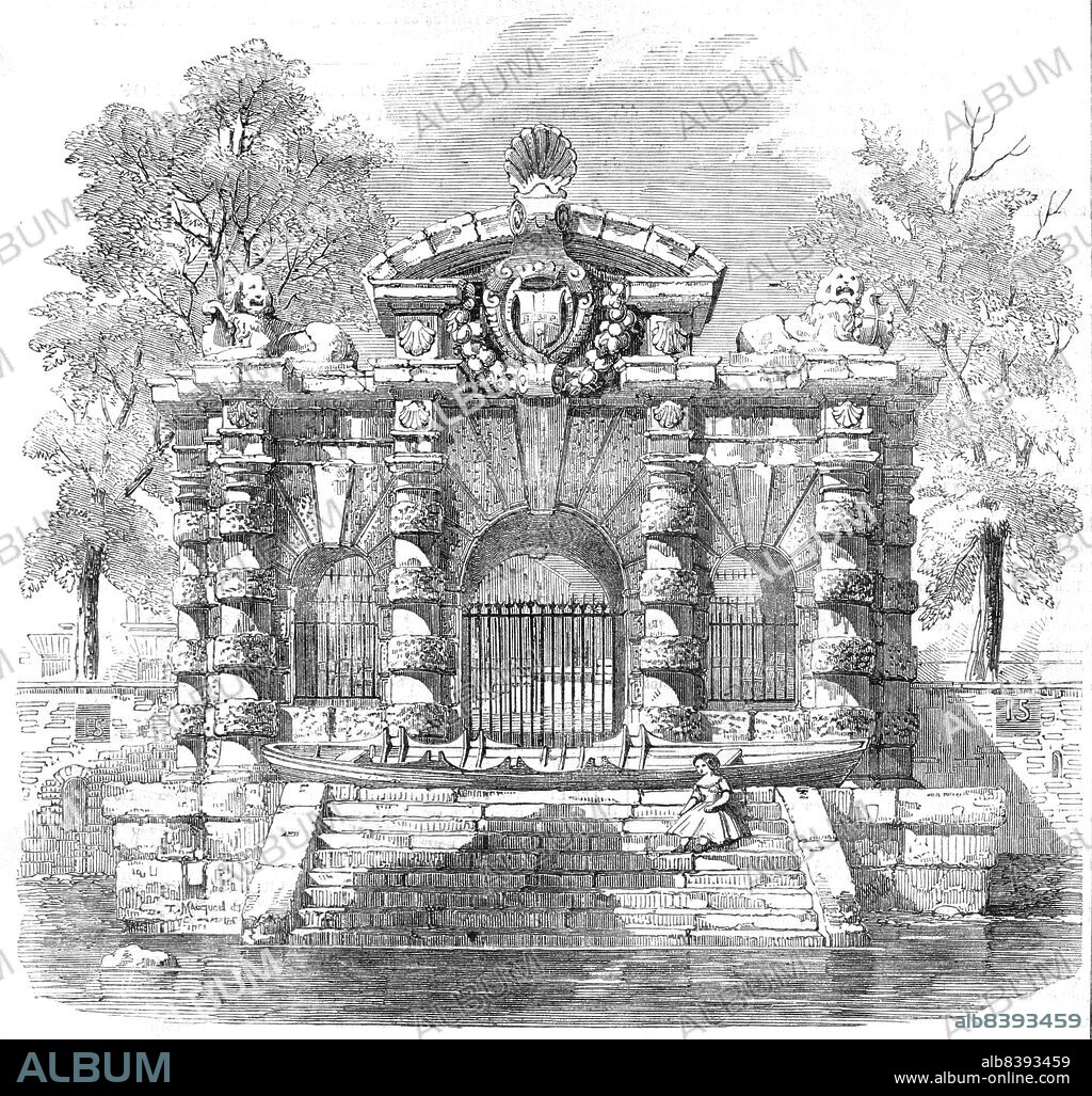 The Water-Gate of York House, Buckingham-Street, Strand, 1854. York Watergate in Westminster, London,, built by George Villiers, c1626. 'The Water-gate...is of Portland stone: in the front, facing Buckingham-Street, are three arches flanked with pilasters, supporting an entablature and four balls; above the keystones of the arches are shields, those at the sides sculptured with anchors, and that in the centre with the arms of Villiers impaling those of the family of Manners. Upon the frieze is the Villiers' motto...The riverfront...has a large archway, opening upon steps to the water; on each side is an aperture, divided by a small column, and partly closed by balustrades. Four rusticated columns support an entablature, ornamented with scallop-shells, and crowned with an arched pediment, and two couchant lions holding shields, on which are sculptured anchors'. From "Illustrated London News", 1854.
