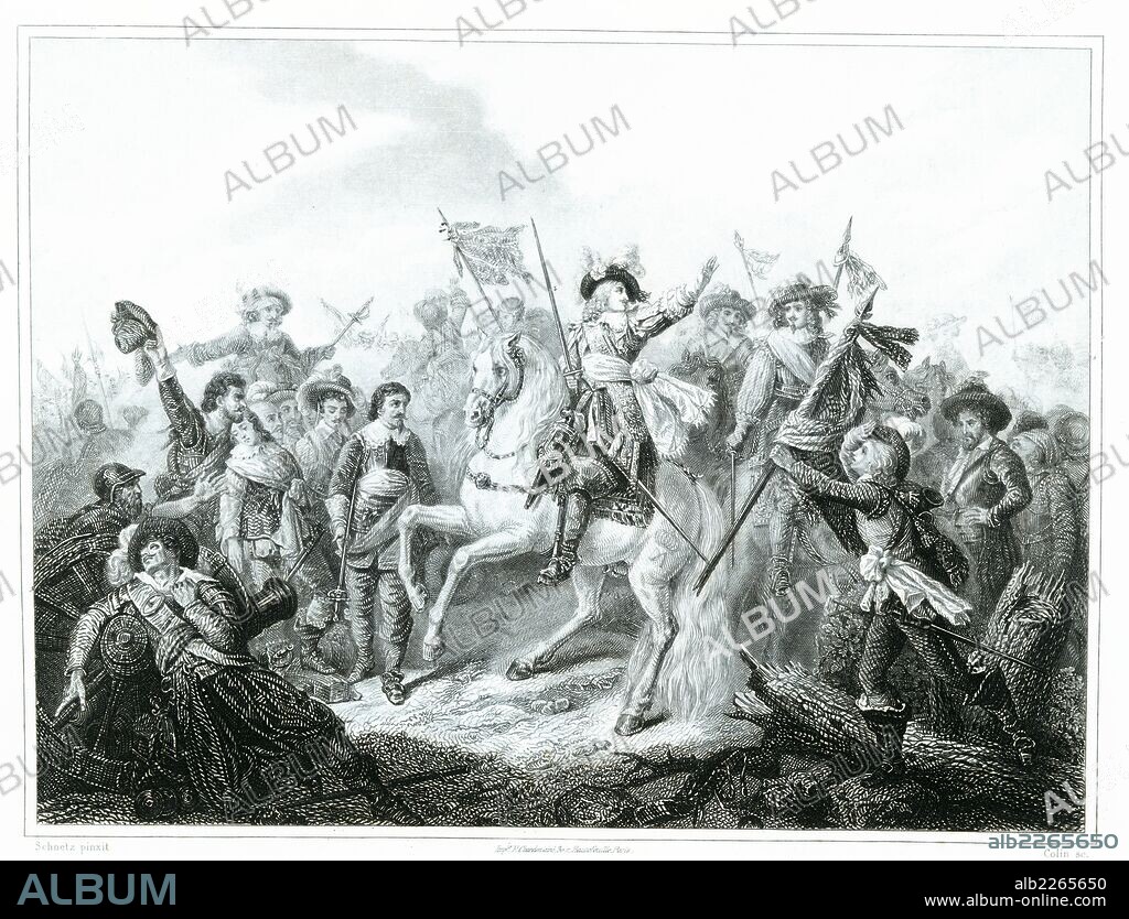 Francia. Batalla de Rocroy. Derrota de los tercios españoles de Flandes por las tropas francesas mandadas por el duque de Enghien (Grand Condé), el 19 de marzo de 1643. Grabado de 1853.