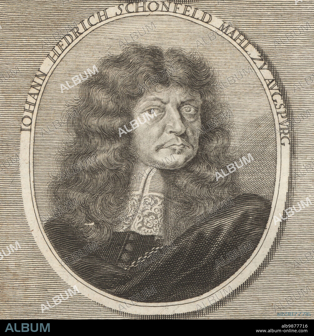 Johann Heinrich Schonfeld, German painter in the Baroque style, 1609-1684. Born blind in one eye, he was unable to follow his father Johann Baptist Schonfeld's trade as a goldsmith. Iohann Hedrich Schonfeld Mahl. zu Augspurg. Copperplate engraving by Philipp Kilian after an illustration by Joachim von Sandrart from his LAcademia Todesca, della Architectura, Scultura & Pittura, oder Teutsche Academie, der Edlen Bau- Bild- und Mahlerey-Kunste, German Academy of Architecture, Sculpture and Painting, Jacob von Sandrart, Nuremberg, 1675.