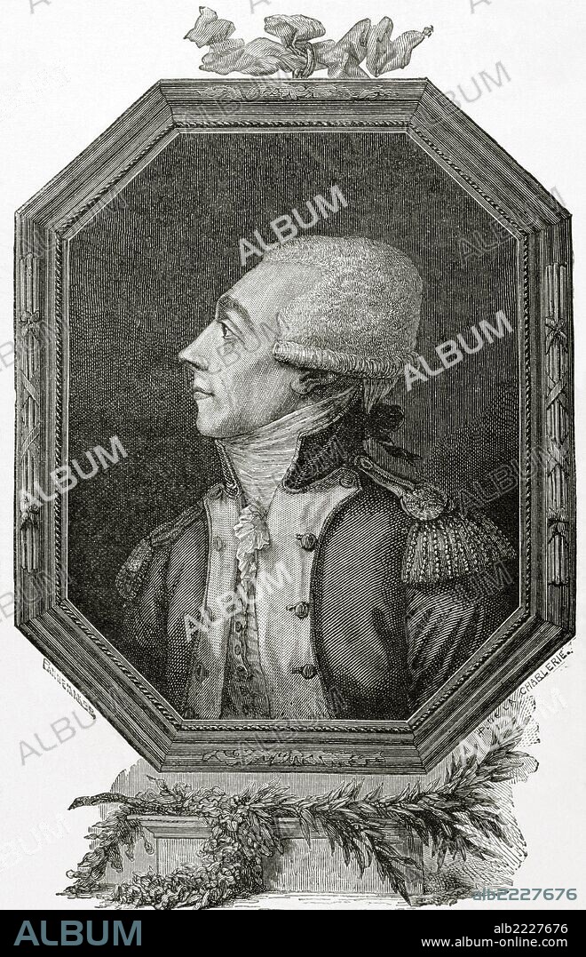 LA FAYETTE, Marie-Joseph-Paul-Yves-Roch-Gilbert Motier, marqués de (Chavaniac, 1757-París, 1834). Político francés. Destacó por su ayuda a los colonos americanos en su lucha por la independencia. De vuelta a Francia desempeñó un importante papel durante los primeros años de la Revolución como monárquico liberal. Grabado de Pannemaker. Nuestro Siglo. Año 1883.