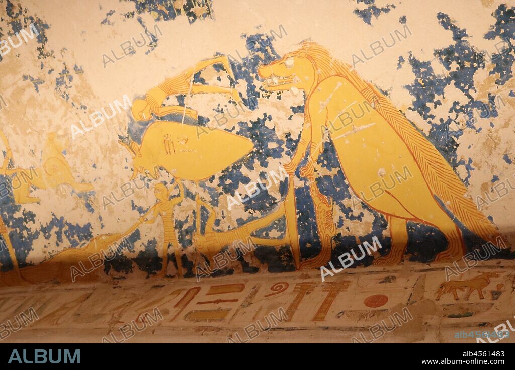 A photograph taken within Tomb KV1, located in the Valley of the Kings in Egypt, used for the burial of Pharaoh Ramesses VII of the Twentieth Dynasty. Although it has been open since antiquity, it was only adequately investigated and cleared by Edwin Brock in 1984 and 1985. The single corridor tomb itself is located in Luxor's West Bank and is small in comparison to other tombs of the twentieth dynasty. Usermaatre Setepenre Meryamun Ramesses VII (also written Ramesses and Ramesses) was the sixth pharaoh of the twentieth dynasty of Ancient Egypt. He reigned from about 1136 to 1129 BC and was the son of Ramesses VI. The decoration within the passageway of the tomb contains illustrations from the Book of Gates, the Book of Caverns as well as the Book of the Earth. The walls of the burial chamber are decorated with extracts from the Book of the Earth.