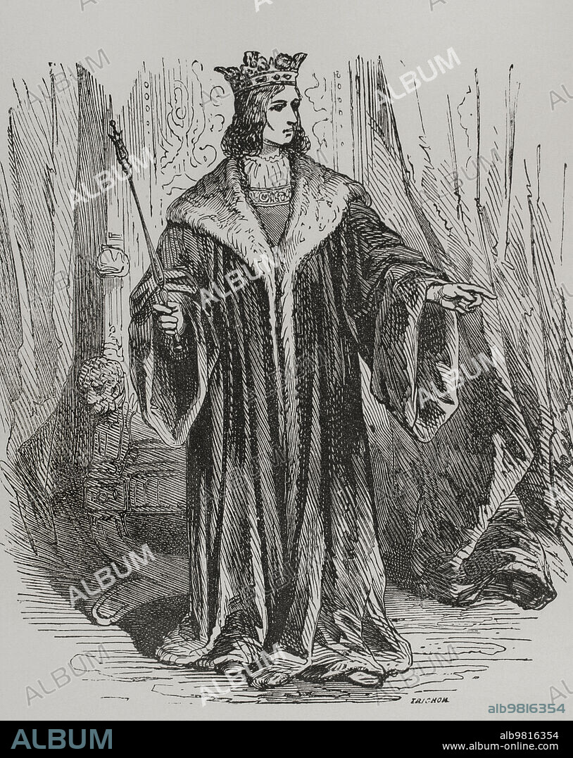 AUGUSTE TRICHON (1814-1898). FRENCH ENGRAVER.. Luis IX o San Luis (1214-1270). Rey de Francia (1226-1270). Retrato. Grabado por Trichon. "Los Héroes y las Grandezas de la Tierra". Tomo V. 1855.