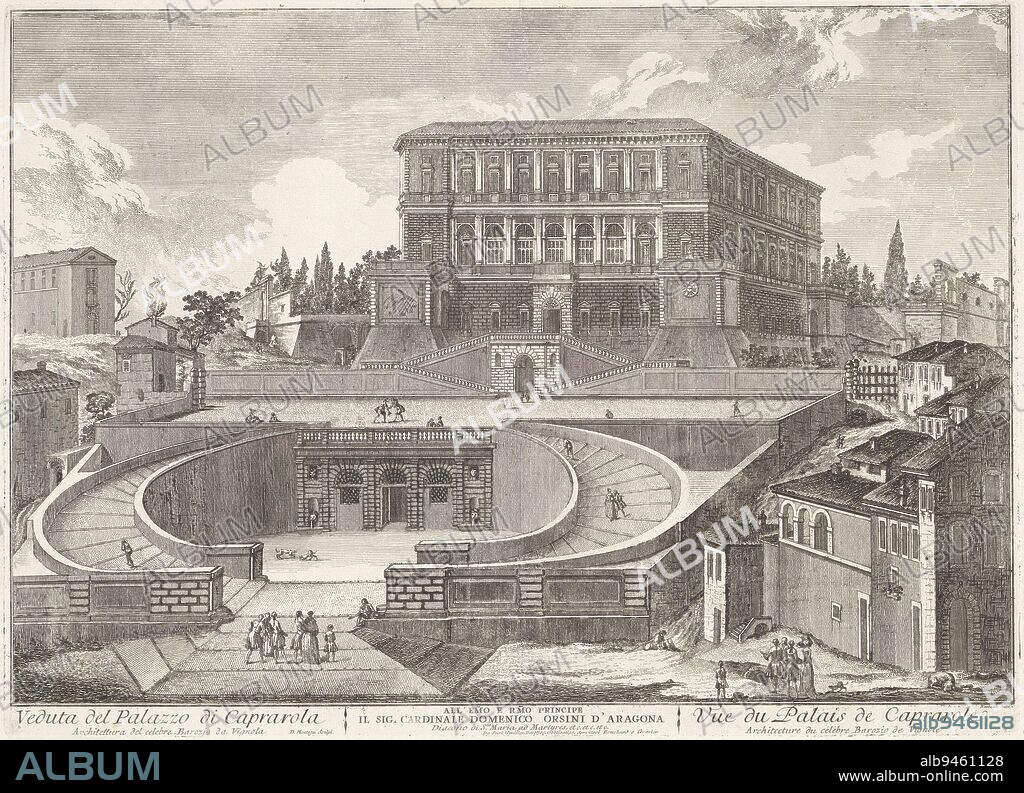 View of Villa Farnese, also known as Palazzo Farnese or Villa Caprarola, a monumental Italian villa in Caprarola, in the province of Viterbo. Titles and text in French and Italian and a commission in the lower margin, Villa Farnese at Caprarola Veduta del Palazzo di Caprarola / Vue du Palais de Caprarole., print maker: Domenico Montaigù, (mentioned on object), intermediary draughtsman: Jean Barbault, (mentioned on object), J. Bouchard & J.J. Gravier, (mentioned on object), Italy, c. 1750 - c. 1799, paper, etching, h 389 mm × w 538 mm.