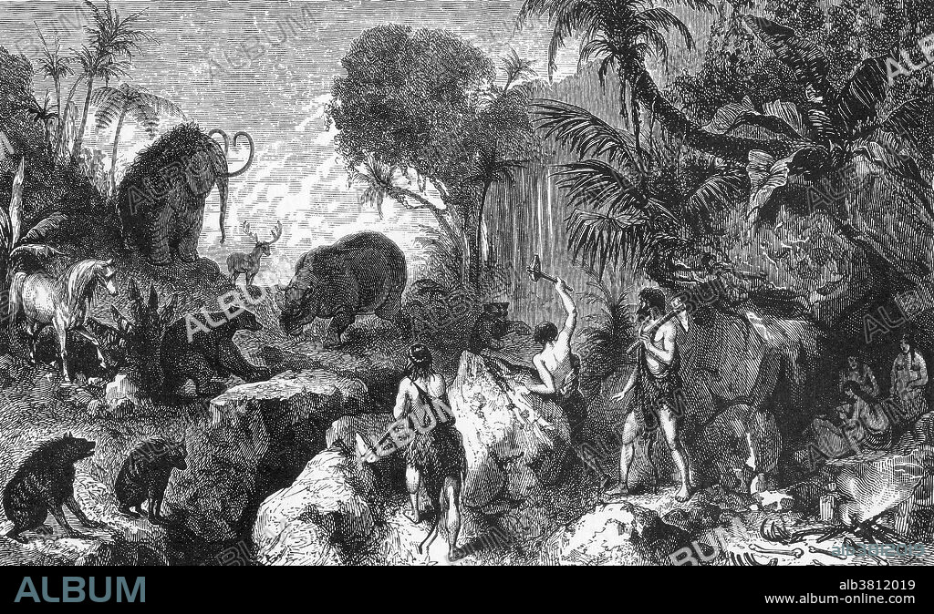 A caveman or troglodyte is a stock character based upon widespread concepts of the way in which early prehistoric humans may have looked and behaved. The term caveman, sometimes used colloquially to refer to Neanderthal people, originates out of assumptions about the association between early humans and caves, most clearly demonstrated in cave painting or bench models. Cavemen are frequently represented as living with dinosaurs in popular culture, despite the fact dinosaurs became extinct at the end of the Cretaceous period, some 65 million years before the emergence of the human species. Illustration originally captioned: AEdouard Riou's illustration showing the Appearance of Man. World Before the Deluge. First Edition Published in 1863.