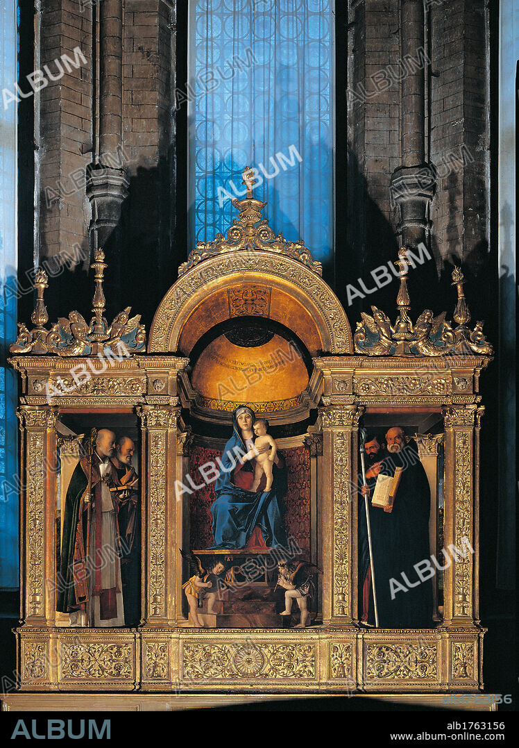 Frari Triptych, by Giovanni Bellini, 1485-1488 about, 15th Century, panel, cm 184 x 79. Italy, Veneto, Venice, Santa Maria Gloriosa dei Frari Basilica, sacristy. All. Gold frame niche Madonna Virgin Mary Baby Jesus throne podium saints cherubs putti.