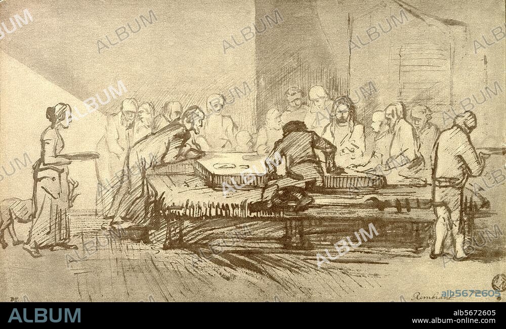 DIT REMBRANDT REMBRANDT HARMENSZOON VAN RIJN. Rembrandt, Rembrandt Harmenszoon van Rijn, dit ; 1606-1669. "La Cène", v. 1655, (copie). Dessin à la plume, et lavis, H. 0,180 ; L. 0,297. Paris, Musée du Louvre.