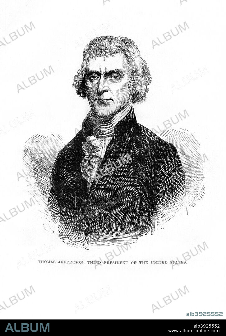 Thomas Jefferson, third President of the United States, 1872. Jefferson (1743-1826), was President from 1801 until 1809. Engraving from John Gilmary Shea's A Child's History of the United States, Hess and McDavitt, (New York, 1872).