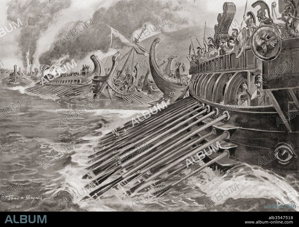 The naval Battle of Aegospotami, Hellespont, 405 BC. during which the Spartan admiral Lysander destroyed the Athenian fleet thus ending the Peloponnesian War. From Hutchinson's History of the Nations, published 1915.