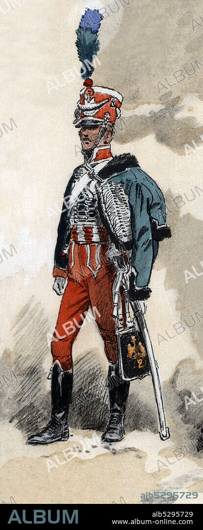 MAURICE TOUSSAINT. Francia. Uniformes de regimiento franceses. Guardia de honor del segundo regimiento del primer imperio en 1813. Grabado de 1945.