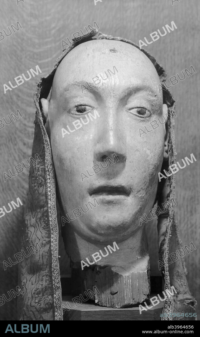 Royal funeral effigy of Anne of Bohemia, Westminster Abbey, 1945-1980. Photograph taken 1945-1980 of a detail of the medieval wooden funerary effigy of Anne of Bohemia (died 1394), Queen to Richard II, stored in the museum at Westminster Abbey. Such effigies were modelled during life or shortly after death.