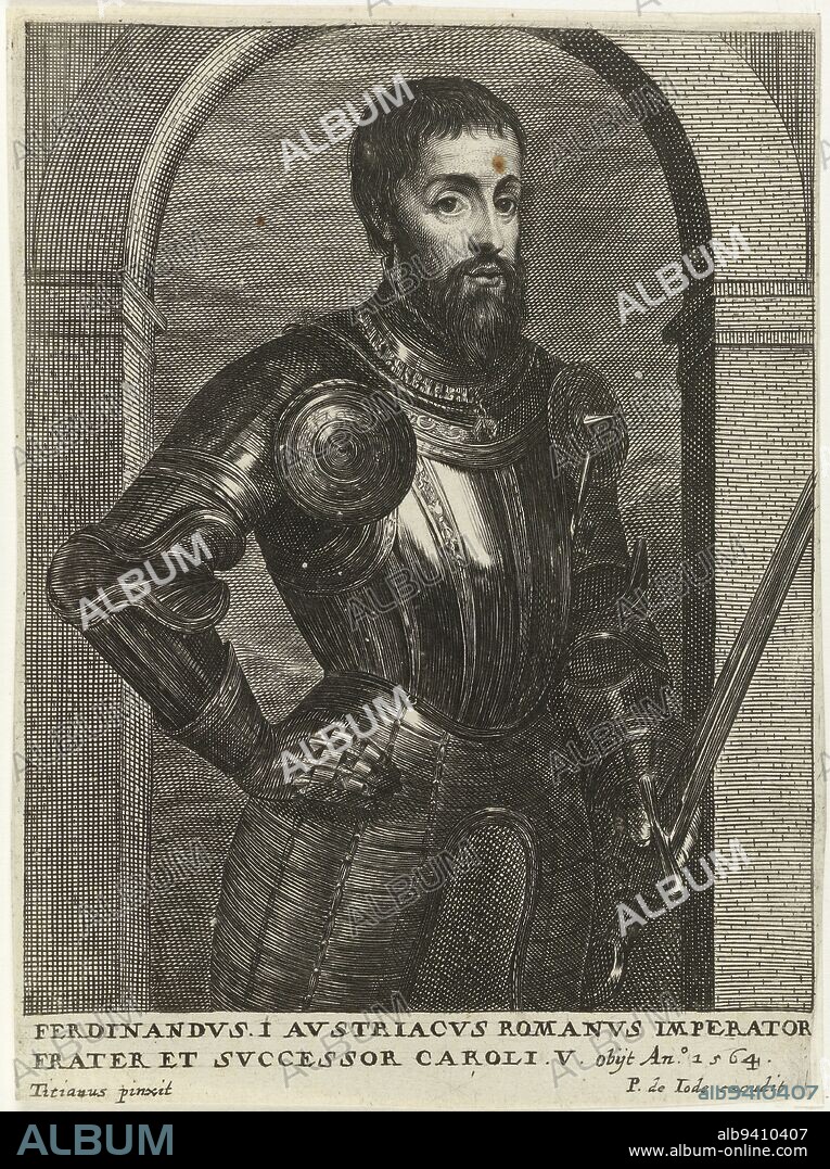 Portrait of Ferdinand I of Habsburg, in half-self He wears armor and holds a sword in his left hand In the margin a two-line caption in Latin, Portrait of Ferdinand I of Habsburg, Emperor Theater of bishops, emperors, kings, dukes, princes, etc Theatrum pontificum, imperatorum, regum, ducum, principum, etc , publisher: Pieter de Jode (II), (mentioned on object), print maker: anonymous, after: Titiaan, (mentioned on object), Antwerp, 1628 - 1670, paper, engraving, etching, h 166 mm × w 122 mm.
