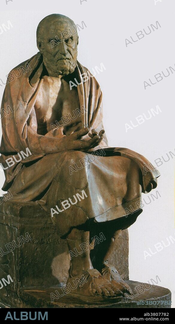 3rd century BC Roman copy, from an original by Eubilides, shows Chrysippus seated and engrossed in thought. The intense expression on the face, his closed posture, and his outstretched hand recall a tendency widely present in Attic Hellenistic sculpture. Chrysippus of Soli (279 - 206 BC) was a Greek Stoic philosopher. He expanded the fundamental doctrines of Zeno of Citium which earned him the title of Second Founder of Stoicism. He excelled in logic, the theory of knowledge, ethics and physics. He created an original system of propositional logic in order to better understand the workings of the universe and role of humanity within it. He adhered to a deterministic view of fate, but sought a role for personal freedom in thought and action. Ethics, he taught, depended on understanding the nature of the universe, and a therapy of extirpating the unruly passions which depress and crush the soul. He initiated the success of Stoicism as one of the most influential philosophical movements for centuries in the Greek and Roman world. Of his written works, none have survived except as fragments embedded in the works of later authors like Cicero, Seneca, Galen, Plutarch. He died in 206 BC at the age of 73.