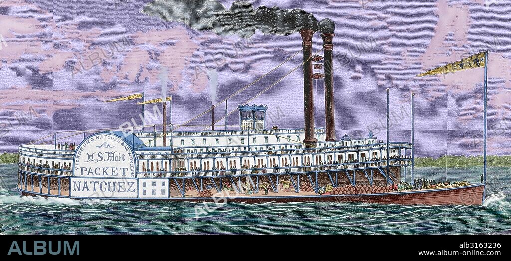 HISTORIA DE AMERICA DEL NORTE-SIGLO XIX. BARCO DE VAPOR NAVEGANDO POR EL RIO MISISIPI. Estado de Louisiana. Estados Unidos. Grabado coloreado del siglo XIX.