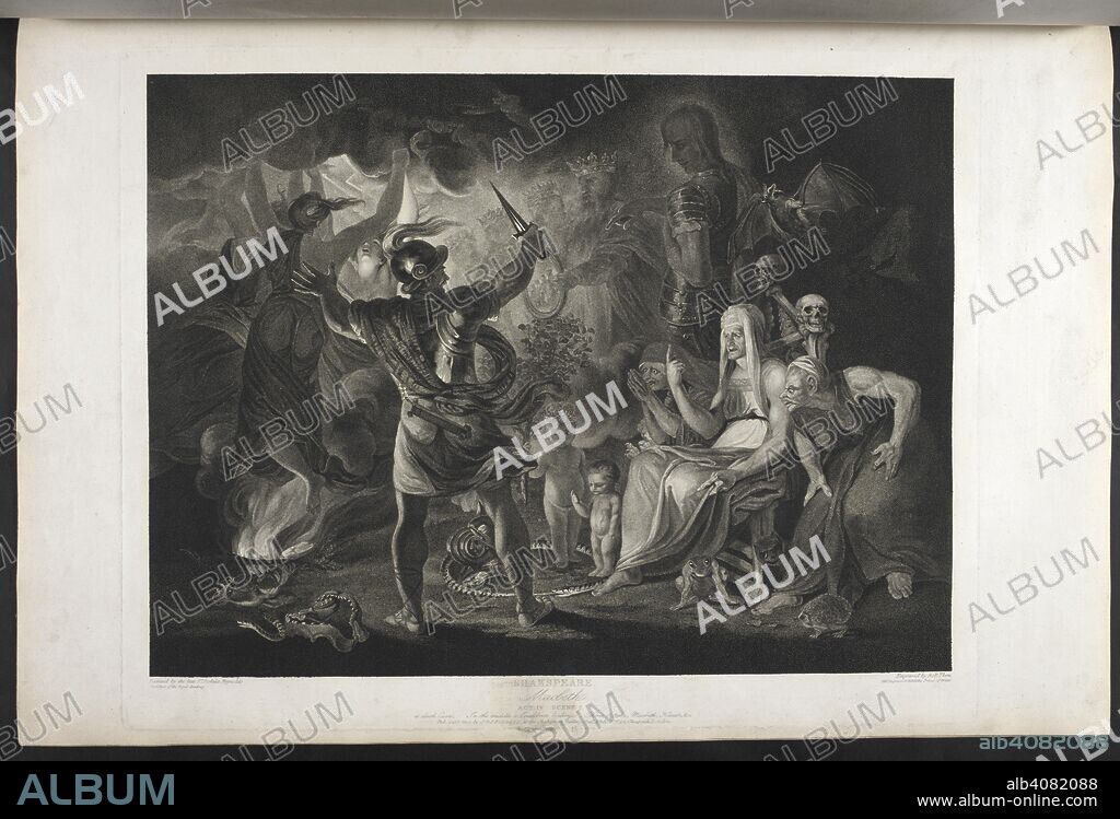 WILLIAM SHAKESPEARE. Macbeth.  Act IV. Scene I.  A dark cave. In the middle a cauldron boiling. Three witches. Macbeth. Hecate.  Macbeth faces the witches and the apparitions; by his feet, inside a coiled snake, stand a small bloody child and a child wearing a crown and holding a tree, behind them are the kings, one holding a mirror, and a large figure of a soldier, pointing; the witches sit on the far right, Hecate in the middle, with her forefinger pointing upwards.  . A Collection of Prints, from pictures painted for the purpose of illustrating the Dramatic Works of Shakspeare, by the Artists of Great Britain. London : J. & J. Boydell, 1803. Source: Tab.599.c. plate 39. Language: English.