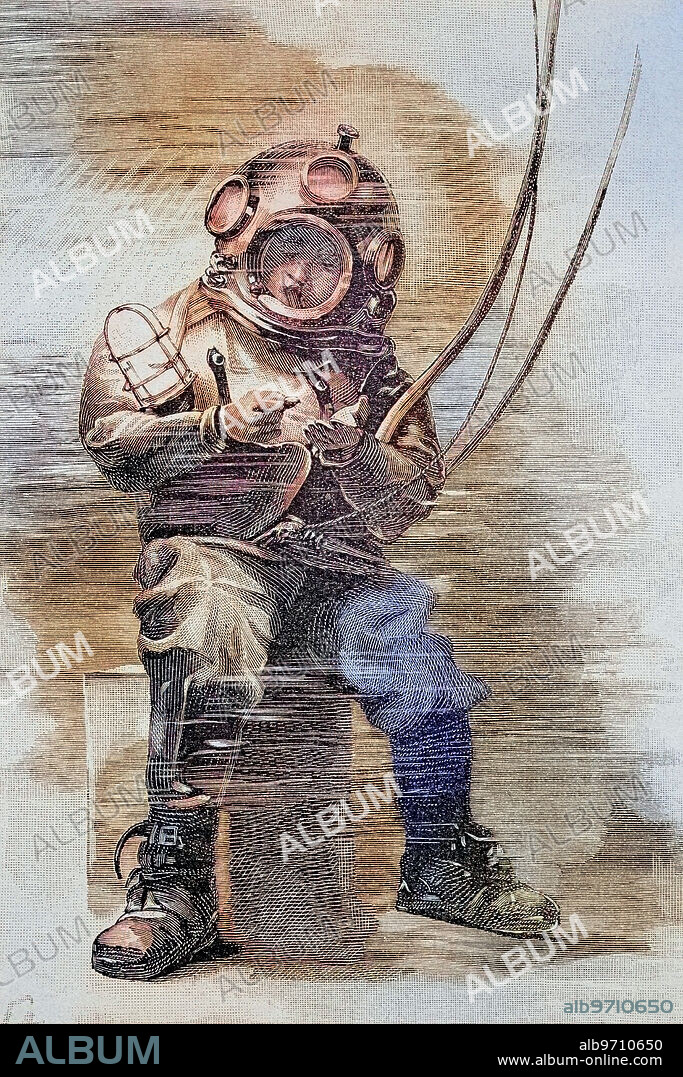 Divers in full gear underwater, 1885, England.