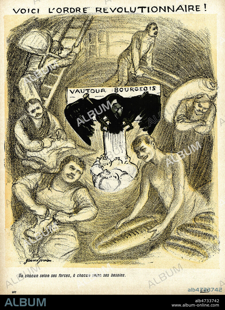 JULES GRANDJOUAN. 'Voici l'ordre revolutionnaire. de chacun selon ses forces, a chacun selon ses besoins', alors que le 'vautour bourgeois' est crucifie. Illustration par GRANDJOUAN (1875-1968 = ADAGP) pour L'Assiette au Beurre du 3 aout 1907, numero intitule 'La Confederation Internationale du Travail (CGT)'. Credit : Collection KHARBINE-TAPABOR.