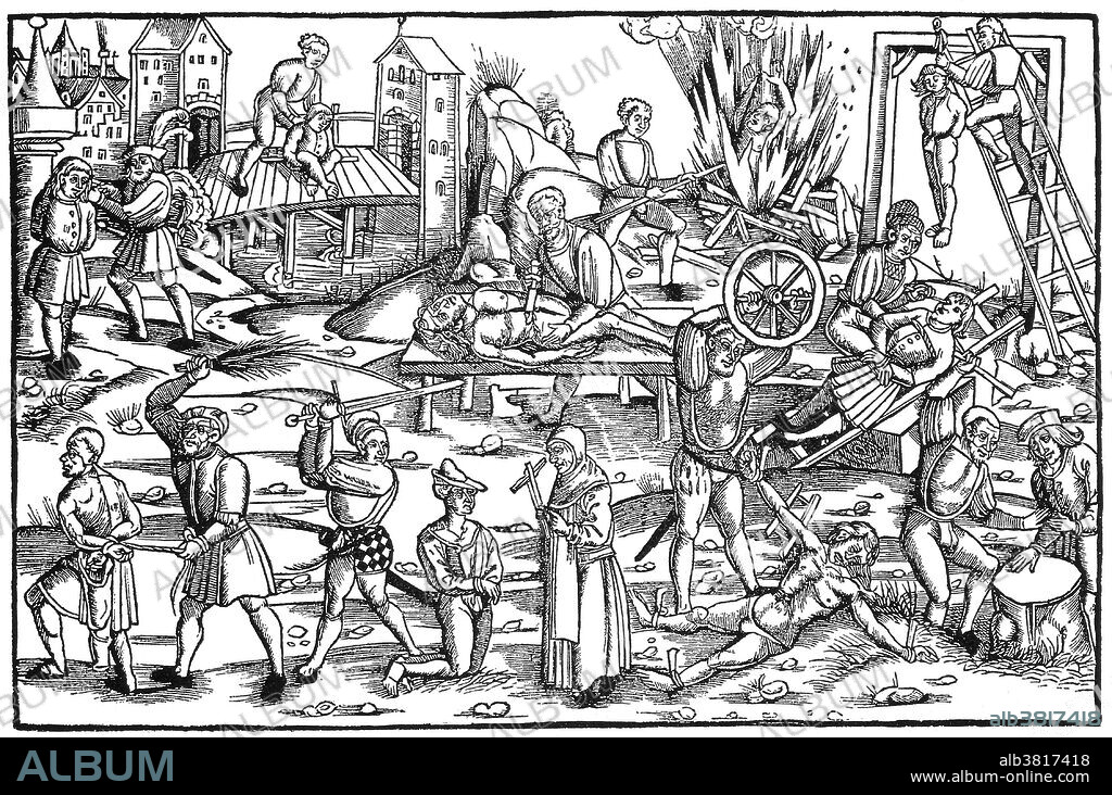 Various forms of mutilation and torture including scourging, beheading, burning, hanging, drowning, quartering, the cutting off of hands and ears, and the breaking on the rack. Medieval and early modern European courts used torture, depending on the crime of the accused and his or her social status. Torture was deemed a legitimate means to extract confessions or other information about a crime, although many confessions were greatly invalid due to the victim being forced to confess under great agony and pressure. It was permitted by law only if there was already half-proof against the accused. Torture was used in continental Europe to obtain corroborating evidence in the form of a confession when other evidence already existed. Often, defendants already sentenced to death would be tortured to force them to disclose the names of accomplices. Torture in the Medieval Inquisition began in 1252 with a papal bull Ad Extirpanda and ended in 1816 when another papal bull forbade its use. Torture was usually conducted in secret, in underground dungeons. By contrast, torturous executions were typically public. Tortures later in the Middle Ages consisted of whipping; the crushing of thumbs, feet, legs, and heads in iron presses; burning the flesh; and tearing out teeth, fingernails, and toenails with red-hot iron forceps. Limb-smashing and drowning were also popular.