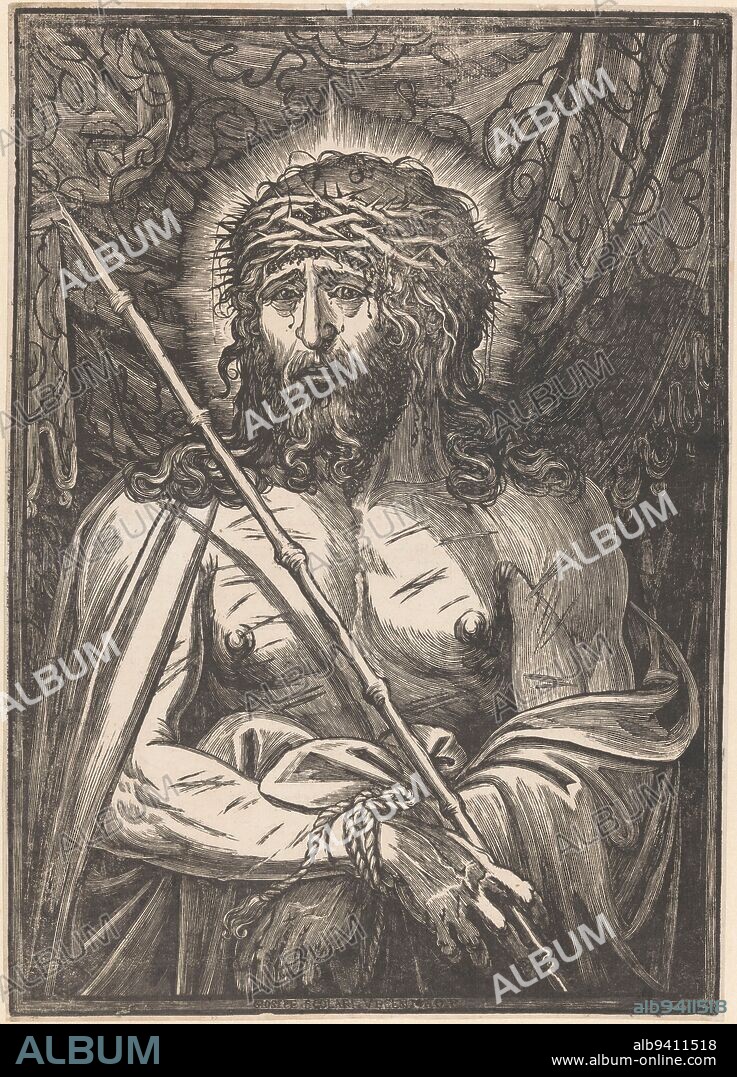 Christ as the Man of Sorrows, with cuffed hands and the crown of thorns on the head. In his hand he is holding the reed stem, Christ as the Man of Sorrows., print maker: Giuseppe Scolari, (mentioned on object), Italy, 1550 - 1600, paper, h 534 mm × w 378 mm.