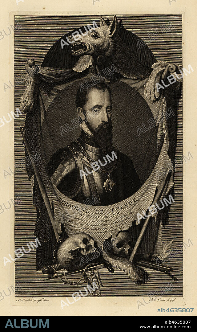 Portrait of Ferdinand Alvarez de Toledo y Pimentel, 3rd Duke of Alba, or the Iron Duke. In suit of armour with chain of the order of the Golden Fleece. With wolfskin, human skulls, sword, dagger and flintlock pistol. Ferdinand de Tolede, Duc dAlbe. Copperplate engraving by Pieter Stevens van Gunst after Adriaen van der Werff from Isaac de Larreys Histoire dAngleterre, dEcosse et dIrlande, Amsterdam, 1730.