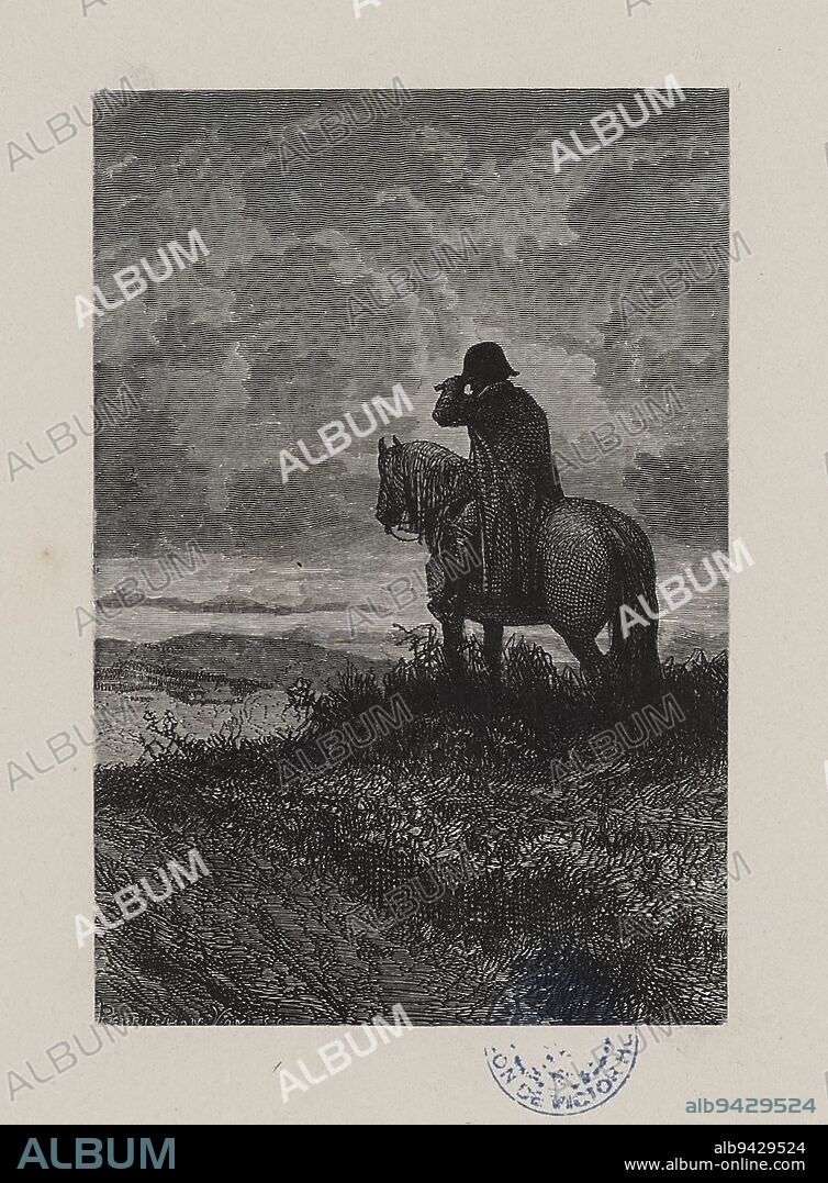 Les Misérables, Part Two, Book One, Chapter IV, Napoleon on horseback with his telescope in his hand, Yon, Edmond Charles Joseph, Engraver, Perrichon, Jules-Léon, Engraver, Brion, Gustave, Author of the model, Bonaventure and Ducessois (printing), Printer, Hetzel, Pierre-Jules, Publisher, Lacroix, Albert, Publisher, About 1865, 3rd quarter of the 19th century, Victor Hugo's House - Hauteville House, Graphic arts, Print, Woodcut, Height: 13 cm, Width: 8. 9 cm.