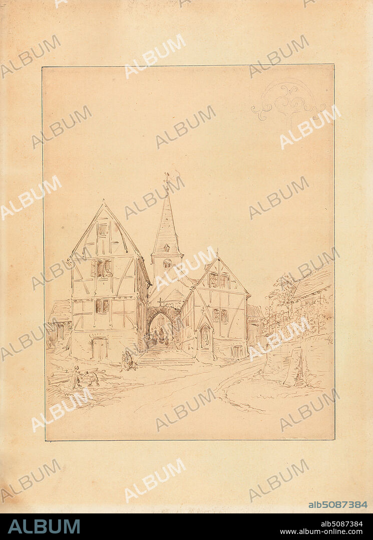 Sketch of a Small Gothic Church, with a Design for Gothic Ornamentation, Augustus Welby Northmore Pugin, 18121852, British, Augustus Charles Pugin, 17621832, French, undated, Pen and brown ink and graphite on smooth, thin, cream wove paper, Sheet: 7 3/4 × 6 inches (19.7 × 15.2 cm) and Mount: 10 3/4 × 7 3/4 inches (27.3 × 19.7 cm), architectural subject, church, crucifix, Gothic (Medieval), ornamentation, people, road, steeple, trees.